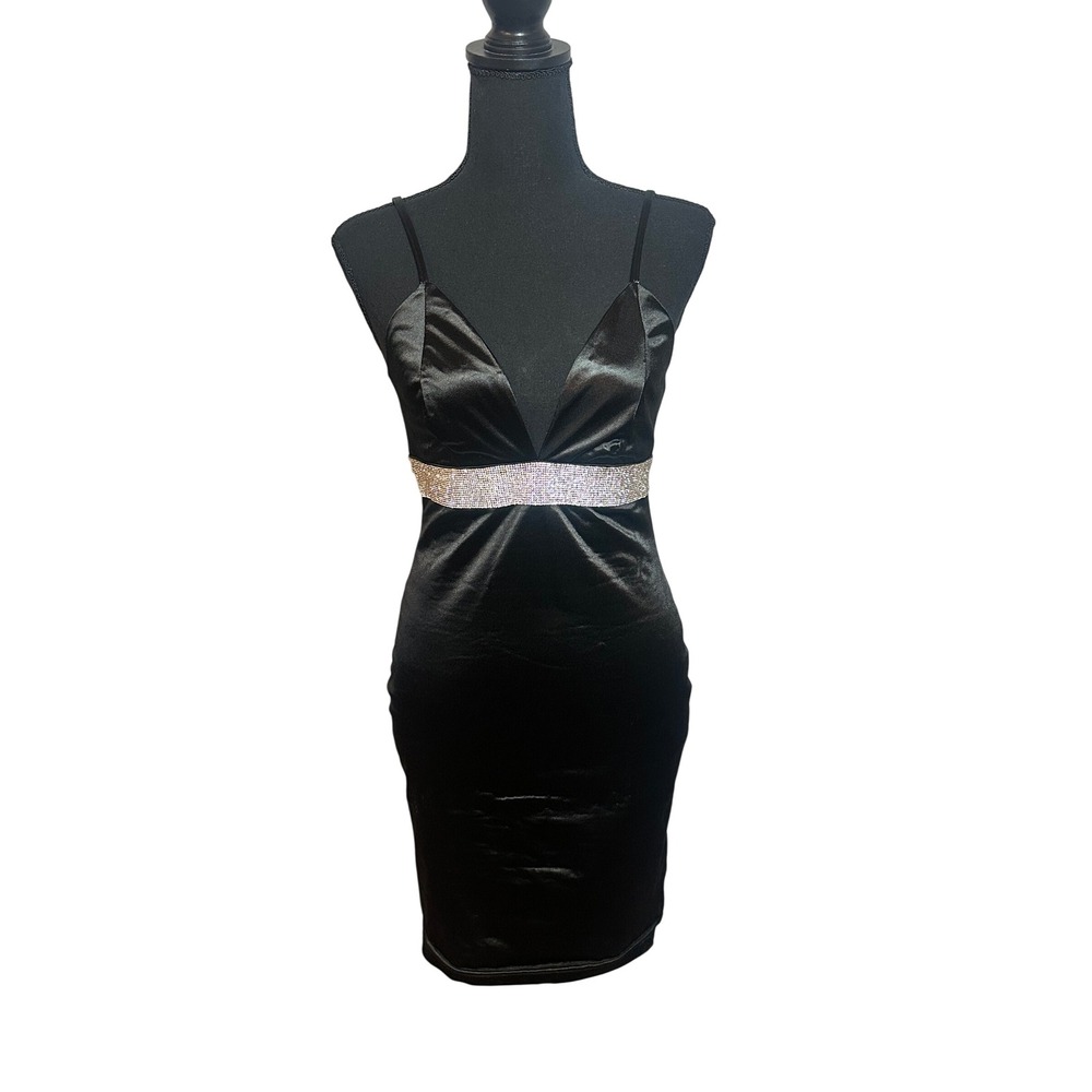 Shop 17 Womens Black Satin Rhinestone Waist V-Neck Bodycon Midi Dress Medium